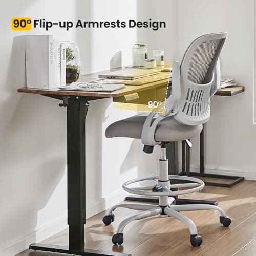 Sweetcrispy Tall Drafting Desk Chair - Ergonomic High Stool Computer with Adjustable Height and Comfy Lumbar Support, Office Rolling Counter with Flip-up Arm and Footrest, Grey 7