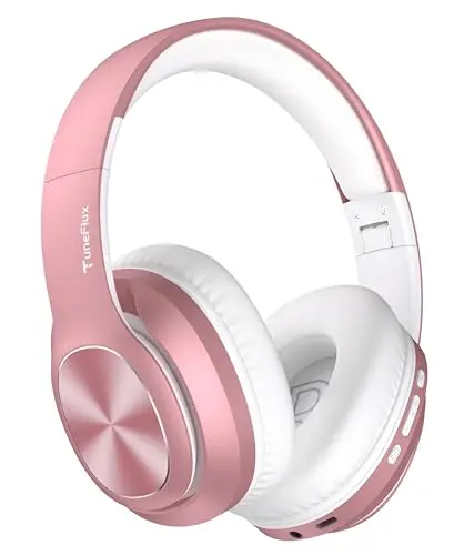 TuneFlux Wireless Bluetooth Headphones Over Ear, 80H Playtime, 3EQ Sound Modes, HiFi Stereo Headphones with Deep Bass, Foldable Bluetooth 5.3 Headsets for Smartphone/PC/Computer-Rose Gold