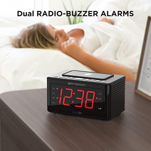 Emerson CKSW0555 Smartset Wireless Charging Alarm Clock Radio Featuring a Large 1.4" Red LED Display and Temperature Sensor, FM Radio, Black 7