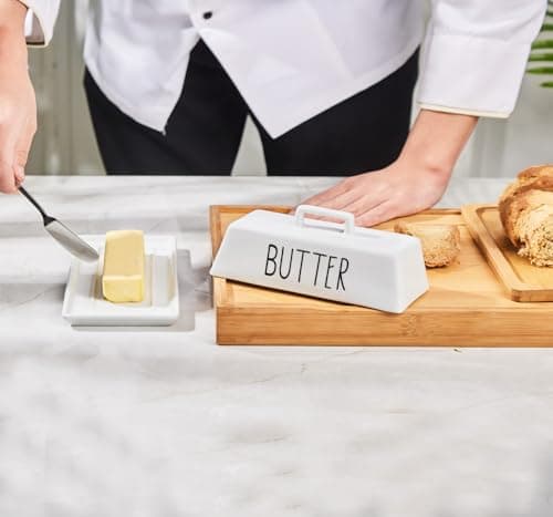 VICUKIE Butter Dish With Lid For Countertop, Butter Dish With Butter Knife, Butter Crock, Butter Keeper, Butter Container, Pure White Kitchen Decor, Kitchen Accessory (WHITE), 19.3*9.7CM 5