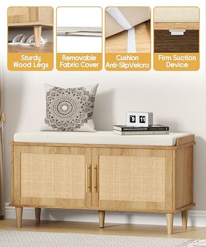 Akxomel Rattan Shoe Storage Bench with Cushion, 2-Tier Entryway Bench with Adjustable Shelves and 2 Doors, 15" D x 39.4" W x 20" H, Solid Wood Legs, for Hallway, Living Room, Bedroom, Natural Oak 5