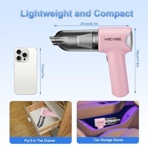 Vacvibe Handheld Car Vacuum Cleaner, 21000PA 4 in 1 Portable Rechargeable Brushless Motor Mini Cordless Car Cleaner, 120W High Power with Multi-Nozzles for Home Office Pet, Present for Girl Women Pink 2