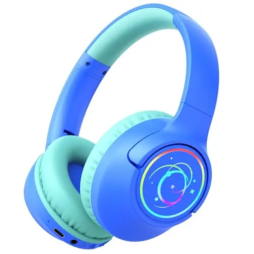 Kids Bluetooth Headphones, 85H Playtime Wireless Headphones for Kids, Colorful LED Lights, 85/94dB Safe Volume Limit, Bluetooth 5.4 Built-in Mic Toddler Headset for Tablet/Airplane/Travel (Blue)
