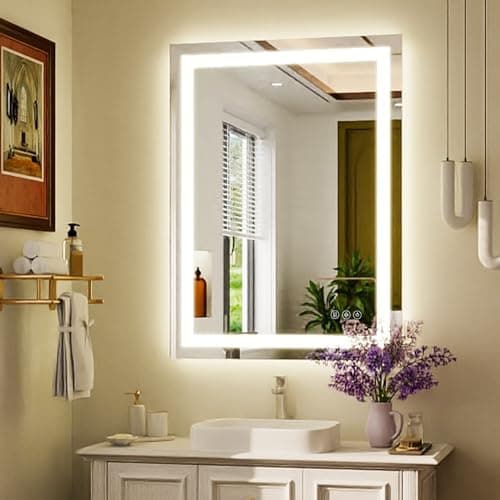 XRAMFY 32'' x 24'' LED Bathroom Mirror with Lights, Wall Mirror with Front and Backlight, 3 Colors Vanity Mirror with Lights, Anti-Fog Wall Mirror for Bathroom