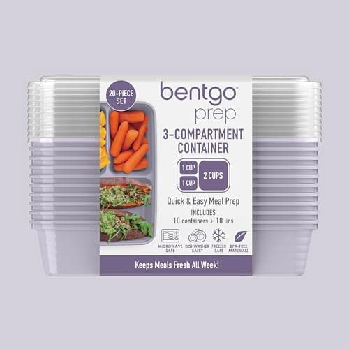 Bentgo Prep - 20-Piece 3-Compartment Reusable Meal Prep Containers with Lids, PFAS & BPA Free Materials, Durable, Microwave, Freezer, & Dishwasher Safe To Go Food Storage (Lilac) 8
