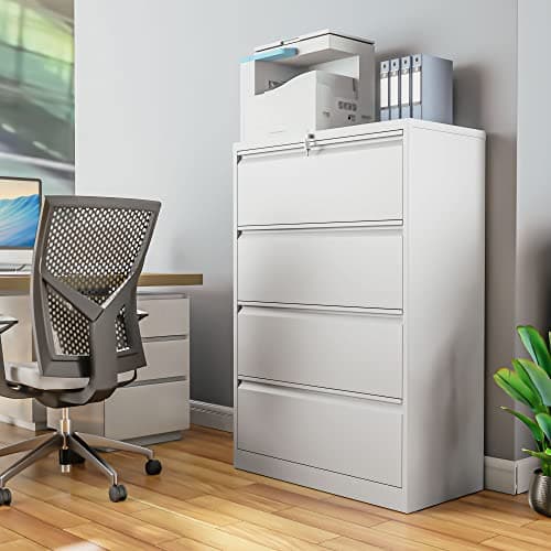 YITAHOME 4 Drawer Metal Lateral Filing Cabinet, Stainless Steel Wide Lateral File Cabinet with Lock for Legal/Letter A4 Size, Assembly Required, Office Organizer Storage Cabinet, White 8
