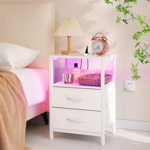 Yoobure Nightstand with Charging Station, LED Night Stand with Fabric Drawers and Storage Shelf for Bedroom, Nightstands Bedside Tables with USB Ports & Outlets, Small Night Stands, Bed Side Table 9