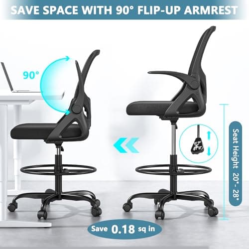 Kensaker Tall Drafting Chair with Footrest Ring for Home and Work, Ergonomic Home Desk Office Chair with Flip up Arms and Lumbar Support, Extended Height Executive Desk Office(Black) 7