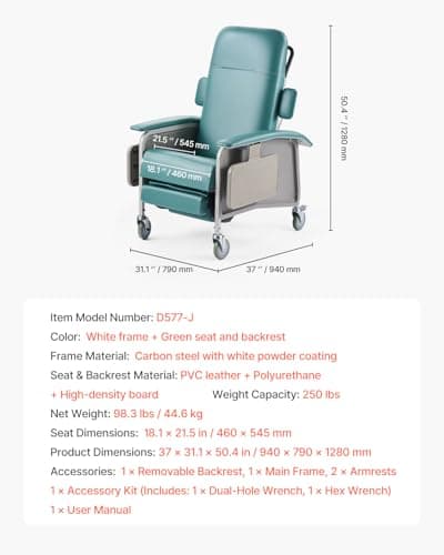 VEVOR Geri Chair Recliner, 4-Position Reclining Geri Chair with 2 Trays, 250 lbs Capacity Trendelenburg Medical Recliner Chair with 4 Wheels for Hospital, Nursing Home, Geriatric Home Care 7