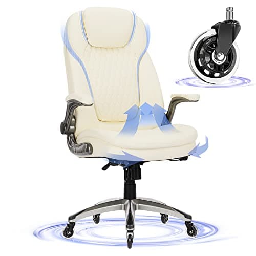 Executive Office Chair-Ergonomic Computer Desk Chair with Upgraded Caster for Swivel, High Back Office Chair with Padded Flip-up Arms,Leather Chair Thicken Seat for Comfort