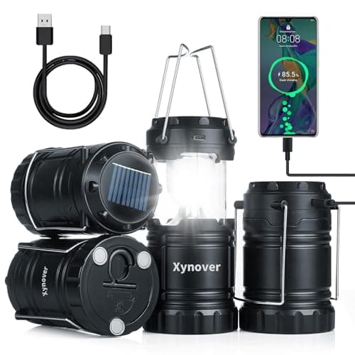 Xynover 4-Pack Solar Camping Lanterns,Rechargeable LED with USB/Solar/AA Battery,Magnetic Base,Hanging Hook,Collapsible, Waterproof for Emergency, Hiking,Hurricane,Campsites,Lanterns for Power Outages
