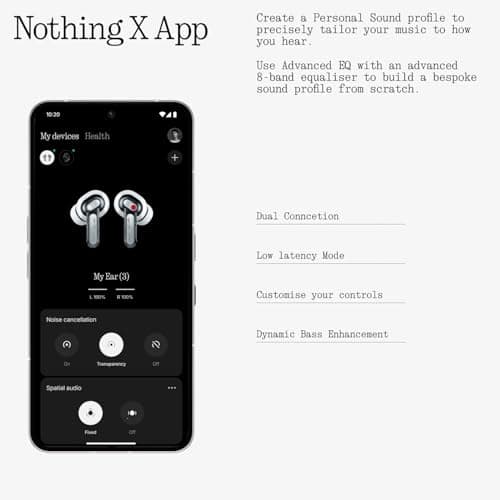 Nothing Ear (3) Wireless Earbuds Super Mic 45dB Hybrid Active Noise Cancelling Bluetooth Headphones Hi-Res 6 Mics, 12mm Dynamic Bass Boost, Dual Connect ANC Sport Ear Buds for iPhone Android, White 9