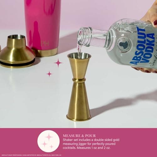 Paris Hilton 2-Piece Cocktail Shaker Set, Double Wall Insulated Stainless Steel Mixer with Built-In Strainer and Double-Sided Jigger, 20-Ounce, Gold and Hot Pink 6