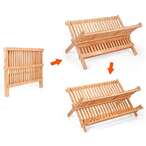 SZUAH Collapsible Bamboo Dish Drying Rack - 2 Tier Space Saving Kitchen Counter Organizer, Holds 19 Plates, Bowls & Utensils (17.8"x10.23"x9.25") 6