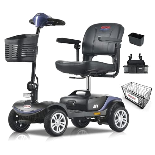 Metro Mobility 4 Wheel Foldable Mobility Scooter for Adults - 300 lbs Capacity Electric Mobility Scooters for Seniors - Long Range Power Extended Battery with Thickened Seat and Front LED Light - Blue