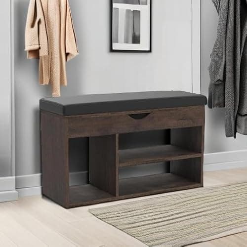 Apicizon 31 Inches Storage Bench with Padded Cushion, Shoe Bench with Storage Space, Upholstered Entryway Bench for Living Room, 2-Tier Shoe Rack Organizer, Brown 5