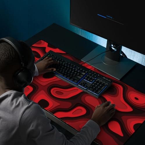 Large Gaming Mouse & Desk Pad with Abstract Pattern, Extended Size Desk Mat, Non-Slip Surface (Red, 31 x 15.5 inches) 6
