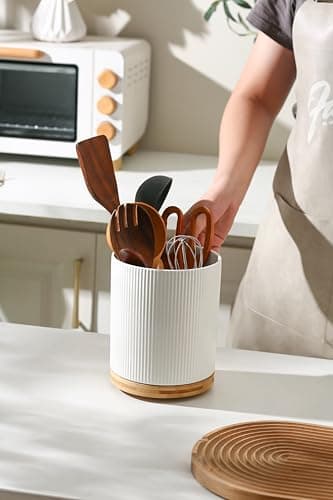 KSENDALO Large 360° Rotating Utensil Holder, Cream White 7.76" Premium Kitchen Crock for Cooking Utensils, Durable Countertop Storage for Home Kitchen 6