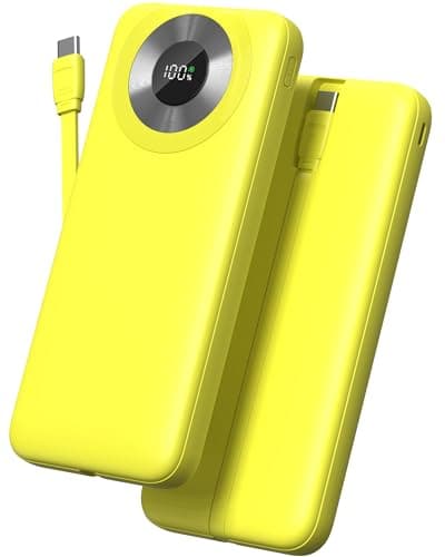 Power Bank 10000mAh, Portable Charger with Built in Cable 5V/3A High-Speed Charging, 4 Output 2 Input LED Display Slim Powerbank for iPhone 16/15/14/13, Galaxy S24/23/22, Tablet and etc, Yellow