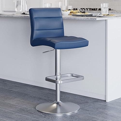 ZURI Lush Adjustable Height Dark Blue Swivel Armless Bar Stool with Brushed Steel Base