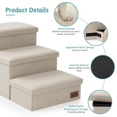 Dog Stairs with Storage, 4-Step Wider Sturdy Dog Steps for Small/Medium/Large Dogs and Older Cats, Folding Doggie Ramp for Bed/Couch/Car Hold Up to 180 lbs (22" H, Beige) 7