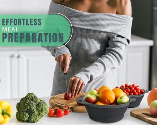 Ultimate Kitchen Strainers Set of 2 - Collapsible Silicone Colanders For Easy Storage by Comfify - Use with Pasta & Veggies or as a Fruit or Berry Bowl with Strainer - Irreplaceable for Campers -Black 8