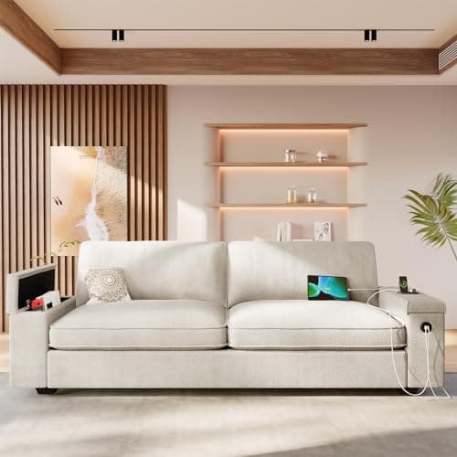 SEDETA Modern Sofas Couches for Living Room, Comfy Couch with Extra Deep Seats, Oversized Loveseat Sofa with Storage and 2 USB Charging Ports, Removable Sofa Cover(Beige Chenille)