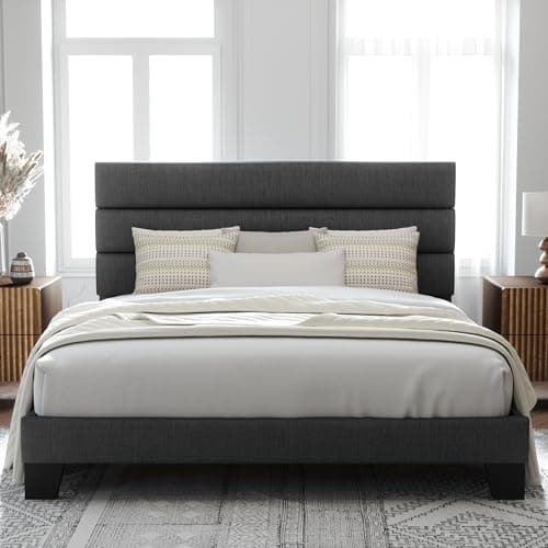 Allewie King Bed Frame Platform Bed with Fabric Upholstered Headboard and Wooden Slats Support, Fully Upholstered Mattress Foundation/No Box Spring Needed/Easy Assembly, Dark Grey