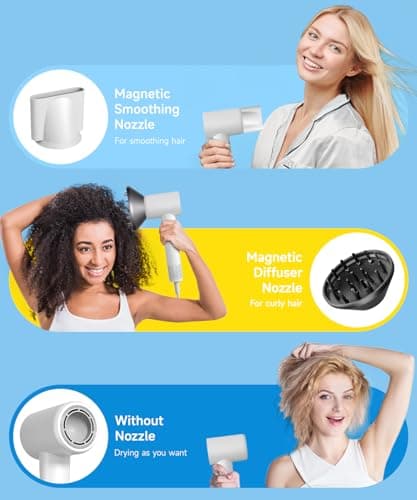 Professional Hair Dryer - 130000 RPM High Speed Brushless Motor Negative Ionic Blow Dryer for Fast Drying, Low Noise Thermo-Control Hairdryer with Magnetic Diffuser & Nozzle for Women for Home Travel 6