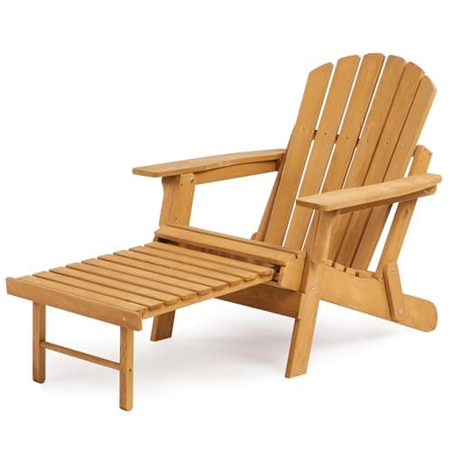 Oversized Outdoor Wooden Folding Adirondack Chair with Retractable Ottoman, Wood Patio Chair with Footrest for Garden Backyard Porch Pool Deck Firepit