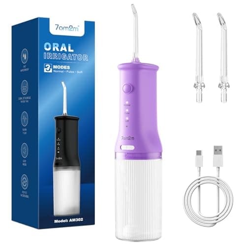 7AM2M Portable Cordless Water Flosser, Oral Irrigator with 3 Modes & 2 Tips, Fast Rechargeable, IPX7 Waterproof, Dental Water Flosser for Travel and Home Use (Purple)