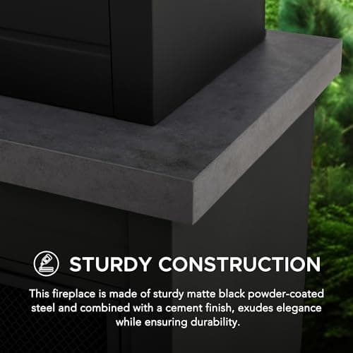SUNJOY Outdoor Fireplace with Wood Storage and Chimney, Steel Wood Burning Firepit with Mesh Spark Screen Door, Fire Poker, Fireplace Tool & PVC Cover, for Patio Garden Deck Backyard, Black/Dark Gray 8