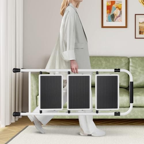KINGRACK Step Ladder 3 Step Folding with with Anti-Slip and Wide Pedal,Portable Foldable,Tall Sturdy Step Ladder with Handgrip for Home Kitchen Household,White 7