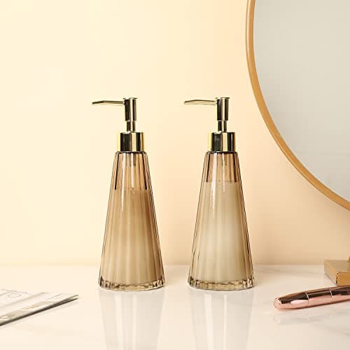 MyGift 2 Pcs Vintage Soap and Lotion Dispenser Set, Smoked Glass and Brass Liquid Pump Dispenser with Vertical Ribbed Design 2