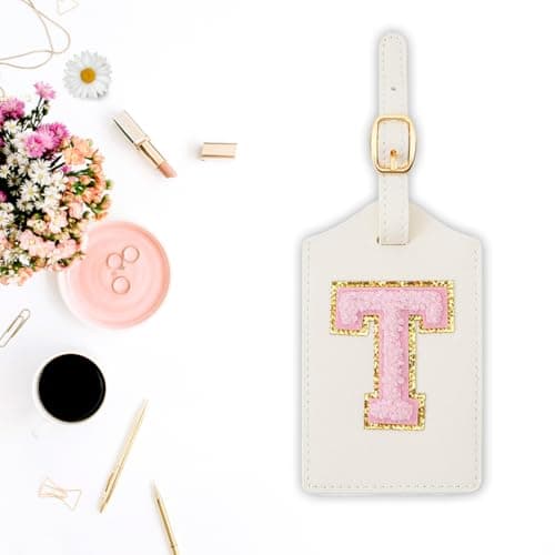 Initial Luggage Tag, PU Leather Luggage Tag, Embroidered Luggage Tag, Letter Luggage Tag, Monogrammed Luggage Tag, Luggage Tag for Baggage Bag Suitcase (T, White Leather+Pink Letter) 8