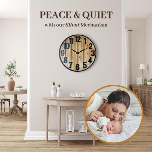 Montoire 24 Inch Wooden Farmhouse Wall Clock Large, Extra Large for Living Room Decor - Big Oversized Rustic Round Decorative Clocks for Walls, Battery Operated 5