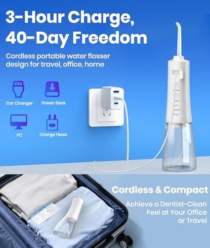 Water Flosser, 300ML Portable Cordless Water Dental Flossers for Teeth Deep Cleaning, IPX7 Waterproof Rechargeable Electric Oral Irrigator Teeth Pick for Travel Home Use and Braces Care (White) 6