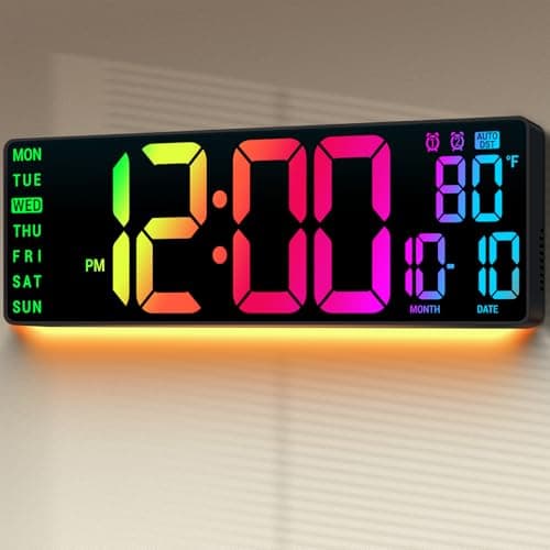 ANSOPER 16.5" Large Digital Wall Clock: 11 RGB Color LED Display with Remote Control, Auto DST, Temperature & Date, Big Number Wall Clock for Seniors, Classroom, Office, Gym, Home Decor Black