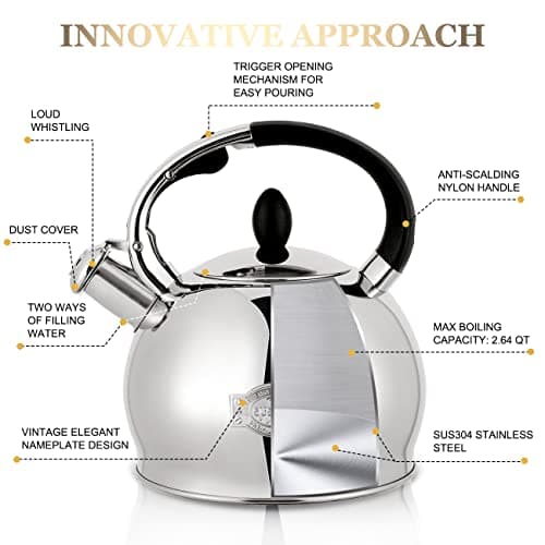 SUSTEAS Stove Top Whistling Tea Kettle - Food Grade Stainless Steel Teakettle Teapot with Cool Touch Ergonomic Handle, With 1 Silicone Pinch Mitt Included,2.64 Quart(SILVER) 2