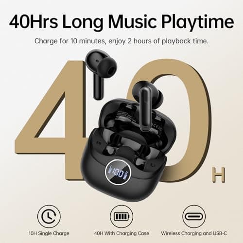 Adaptive Hybrid Active Noise Canceling 2026 Wireless Earbuds, 6 Mics ENC Clear Call Ear Buds, Hi-Res Audio Deep Bass Bluetooth 5.4 Headphones, 40H Playtime, Wireless Charging, LED, USB-C, Black 3