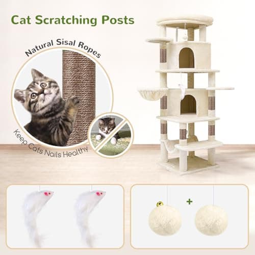 Globlazer Corner Cat Tree for Large Cats, 66inch Tall Curved Series Large Cat Tower for Multiple Indoor Cats with 6 Scratching Posts, 2 Spacious Cat Condos, Hammock, Hanging Basket, C66, Beige 6