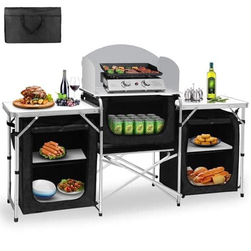Seeutek Camping Kitchen Table, Aluminum Portable Outdoor Cooking Table Foldable Camp Table with Windscreen and 3 Storage Cupboards Multifunctional for BBQ, Party, Picnics & Outdoor Activities Black
