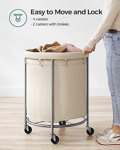 SONGMICS 50.2-Gallon (190 L) Laundry Basket with Wheels, Rolling Round Heavy-Duty Laundry Hamper Cart with Steel Frame and Removable Bag, 2 Locking Wheels, Cream White and Metallic Silver URLS01MZ 8