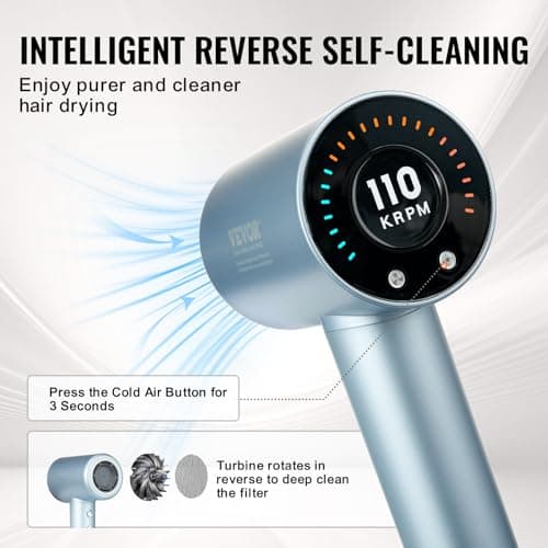 VEVOR High-Speed Hair Dryer with 105,000RPM Brushless Motor, 200 Million Negative Ions Hair Blow Dryer, 4 Temps & 3 Speeds, LCD Display Thermo-Control Hairdryer with Diffuser & Nozzle for Home Travel 7