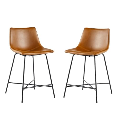 Walker Edison Xuma Modern Faux Leather Armless Low Back Counter Stool, Set of 2, Whiskey Brown