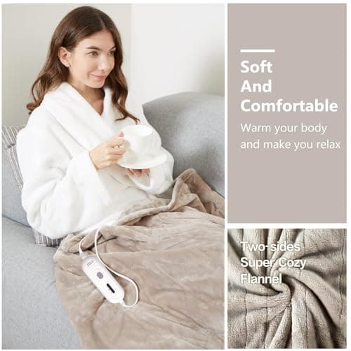 Tefici Electric Heated Blanket Throw, Super Cozy Soft 2-Layer Flannel 50" x 60" Heated Throw with 3 Heating Levels & 4 Hours Auto Off, Machine Washable, ETL&FCC Certified, Home Office Use,Camel 6