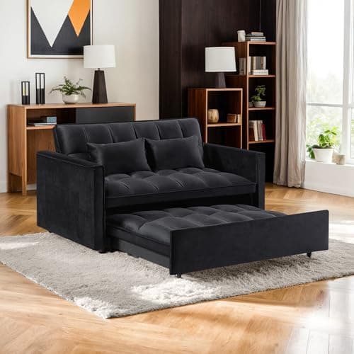 Resenkos 3 in 1 Convertible Sleeper Sofa Bed,Futon Loveseat Couch with Pull-Out Bed & Adjustable Backrest,Velvet Fabric Sofa with Side Pocket for Small Apartment, Living Room, Office (Black) 7