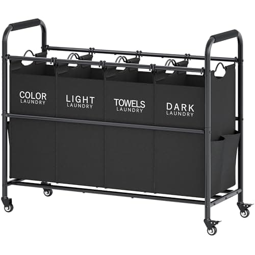 Tajsoon 4 Bag Laundry Sorter Cart, 4 Section Laundry Hamper Sorter with Heavy Duty Lockable Rolling Wheels, Laundry Separator Hamper with Removable Bags for Dirty Clothes Storage, Black