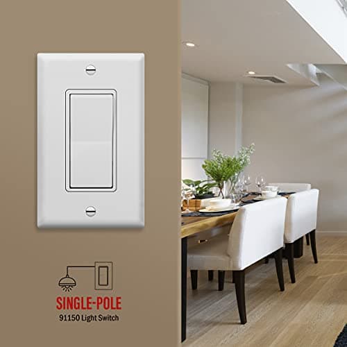 ENERLITES Decorator Paddle Rocker Light Switch, Gloss Finish, Single Pole, 3 Wire, Grounding Screw, Residential Grade, 15A 120V/277V, UL Listed, 91150-W, White 8