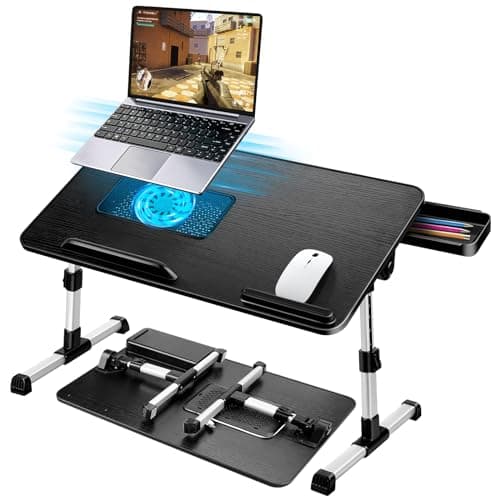 AirOpen Adjustable Laptop Lap Desk with Fan and Drawer, Stand for Bed, Couch, Floor (20.9" x 11.8", Black) - Fits Laptops up to 15.6"